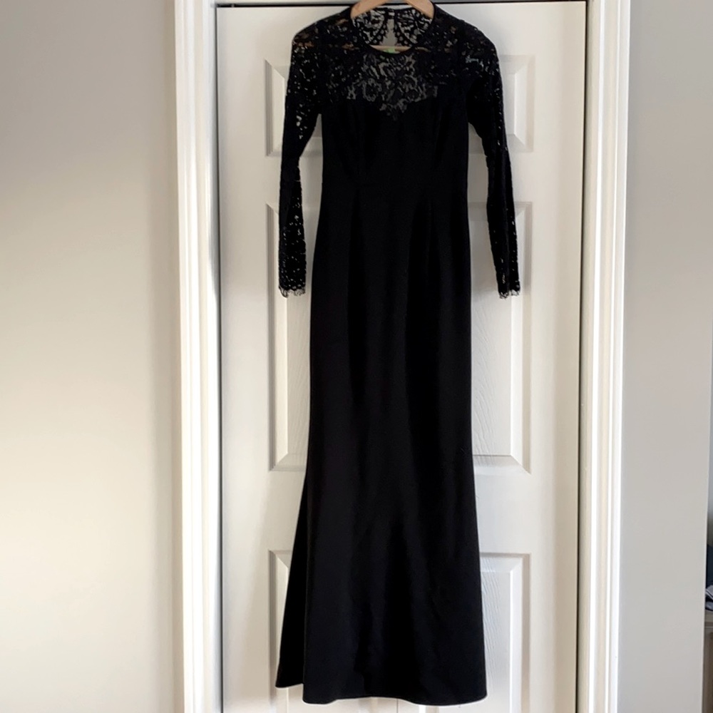 Lulus Long black dress with lace top and sleeves (Size S)